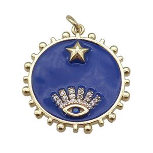 copper circle pendant with navyblue enamel, eye, gold plated, approx 25mm [FN26144]
