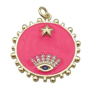 copper circle pendant with hotpink enamel, eye, gold plated, approx 25mm [FN26145]