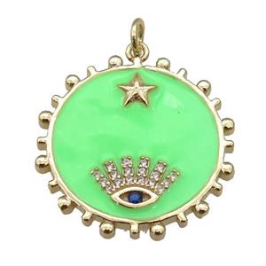 copper circle pendant with green enamel, eye, gold plated, approx 25mm [FN26146]