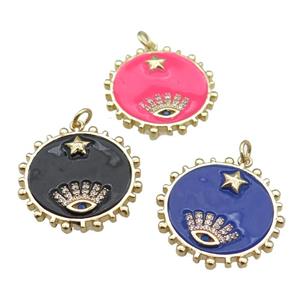 copper circle pendant with enamel, eye, gold plated, mixed, approx 25mm [FN26148]
