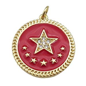 copper circle pendant with red enamel, star, gold plated, approx 22mm [FN26156]