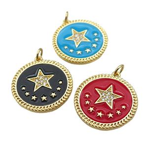 copper circle pendant with enamel, star, gold plated, mixed, approx 22mm [FN26159]