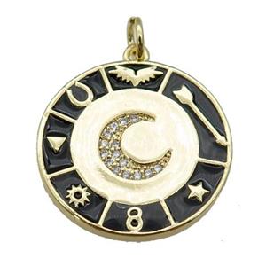 copper Circle Astrology pendant paved zircon with black enamel, moon, gold plated, approx 22mm [FN26161]