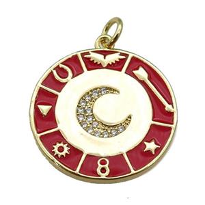 copper Circle Astrology pendant paved zircon with red enamel, moon, gold plated, approx 22mm [FN26162]