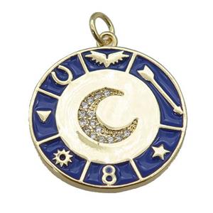 copper Circle Astrology pendant paved zircon with navyblue enamel, moon, gold plated, approx 22mm [FN26163]