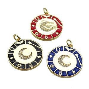 copper Circle Astrology pendant paved zircon with enamel, moon, gold plated, mixed, approx 22mm [FN26165]