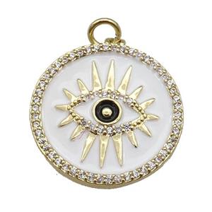 copper circle pendant paved zircon with white enamel, eye, gold plated, approx 21mm [FN26166]