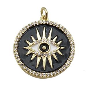 copper circle pendant paved zircon with black enamel, eye, gold plated, approx 21mm [FN26167]