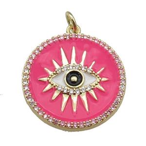 copper circle pendant paved zircon with hotpink enamel, eye, gold plated, approx 21mm [FN26168]
