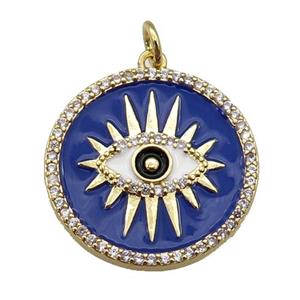 copper circle pendant paved zircon with navyblue enamel, eye, gold plated, approx 21mm [FN26169]