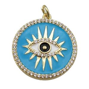 copper circle pendant paved zircon with blue enamel, eye, gold plated, approx 21mm [FN26170]