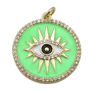copper circle pendant paved zircon with green enamel, eye, gold plated, approx 21mm [FN26171]