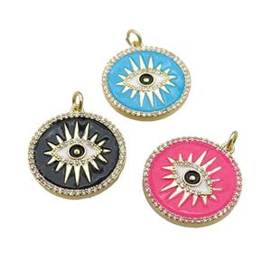copper circle pendant paved zircon with enamel, eye, gold plated, mixed, approx 21mm [FN26173]
