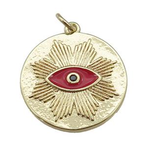 copper circle pendant with red enamel eye, gold plated, approx 20mm [FN26176]