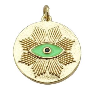 copper circle pendant with green enamel eye, gold plated, approx 20mm [FN26178]