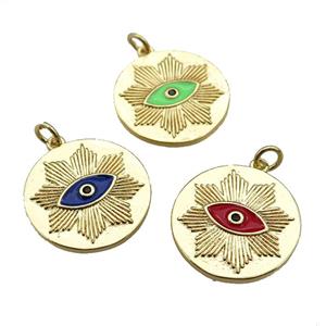 copper circle pendant with enamel eye, gold plated, mixed, approx 20mm [FN26179]