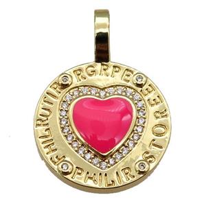 copper circle pendant paved zircon with red enamel heart, gold plated, approx 19-28mm [FN26182]