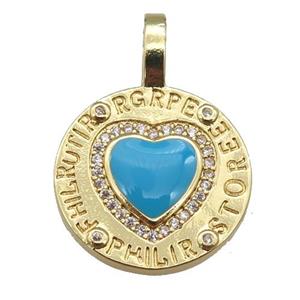 copper circle pendant paved zircon with blue enamel heart, gold plated, approx 19-28mm [FN26184]