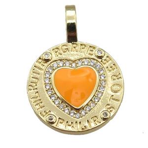 copper circle pendant paved zircon with orange enamel heart, gold plated, approx 19-28mm [FN26185]