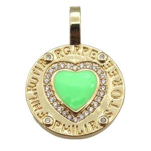 copper circle pendant paved zircon with green enamel heart, gold plated, approx 19-28mm [FN26186]