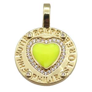 copper circle pendant paved zircon with yellow enamel heart, gold plated, approx 19-28mm [FN26187]