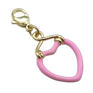 copper Lobster Clasp with pink enamel heart, gold plated, approx 17-25mm, 10mm [FN26202]