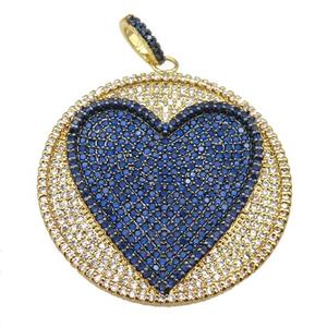 copper Heart pendant paved blue zircon, circle, gold plated, approx 35mm [FN26206]