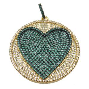 copper Heart pendant paved green zircon, circle, gold plated, approx 35mm [FN26208]