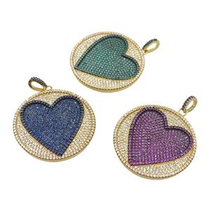 copper Heart pendant paved zircon, circle, gold plated, mixed, approx 35mm [FN26209]