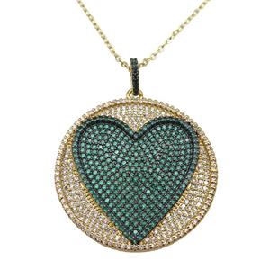 copper Necklace withe heart paved green zircon, gold plated, approx 35mm, 42-47cm length [FN26212]