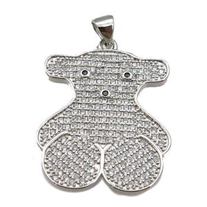 copper Bear pendant paved zircon, platinum plated, approx 23-28mm [FN26213]