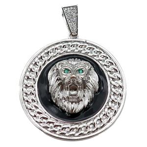 Copper Lion Pendant Black Enamel Circle Platinum Plated, approx 43mm [FN26228]