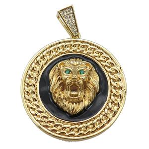 Copper Lion Pendant Black Enamel Circle Gold Plated, approx 43mm [FN26229]