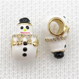 copper Christmas Snowman beads with white enamel, large hole, gold plated, approx 9-14mm, 4mm hole [FN26233]