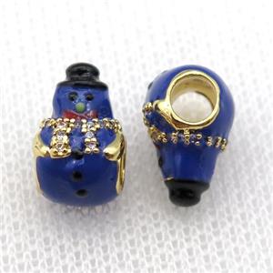 copper Christmas Snowman beads with blue enamel, large hole, gold plated, approx 9-14mm, 4mm hole [FN26236]