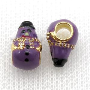 copper Christmas Snowman beads with purple enamel, large hole, gold plated, approx 9-14mm, 4mm hole [FN26237]