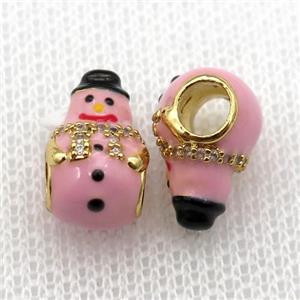 copper Christmas Snowman beads with pink enamel, large hole, gold plated, approx 9-14mm, 4mm hole [FN26238]