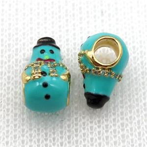 copper Christmas Snowman beads with green enamel, large hole, gold plated, approx 9-14mm, 4mm hole [FN26239]