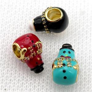 copper Christmas Snowman beads with enamel, large hole, gold plated, mixed, approx 9-14mm, 4mm hole [FN26240]