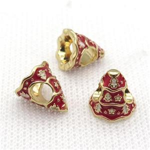 copper Christmas Tree beads with red enamel, large hole, gold plated, approx 11mm, 4mm hole [FN26243]