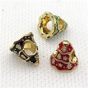 copper Christmas Tree beads with enamel, large hole, gold plated, mixed, approx 11mm, 4mm hole [FN26246]