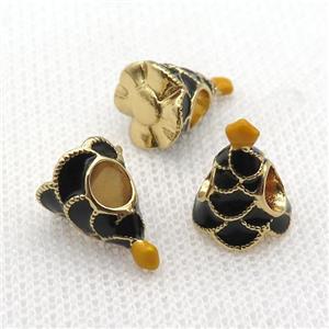 copper Christmas Tree beads with black enamel, large hole, gold plated, approx 10-13mm, 4mm hole [FN26248]