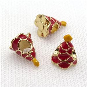copper Christmas Tree beads with red enamel, large hole, gold plated, approx 10-13mm, 4mm hole [FN26249]