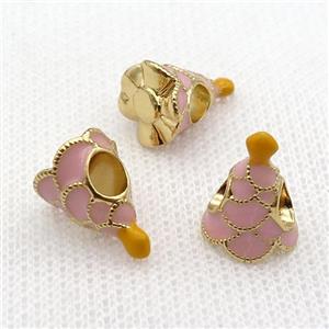 copper Christmas Tree beads with pink enamel, large hole, gold plated, approx 10-13mm, 4mm hole [FN26250]