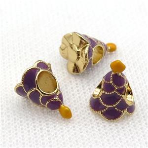 copper Christmas Tree beads with purple enamel, large hole, gold plated, approx 10-13mm, 4mm hole [FN26251]