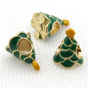 copper Christmas Tree beads with green enamel, large hole, gold plated, approx 10-13mm, 4mm hole [FN26252]