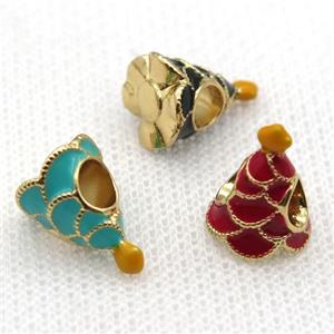 copper Christmas Tree beads with enamel, large hole, gold plated, mixed, approx 10-13mm, 4mm hole [FN26254]