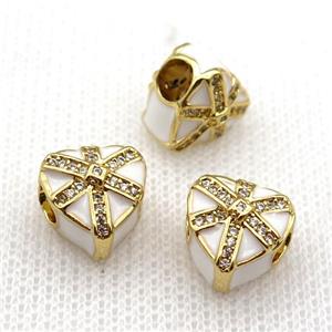 copper Christmas Heart Gift beads with white enamel, large hole, gold plated, approx 11mm, 4mm hole [FN26255]
