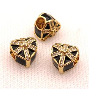 copper Christmas Heart Gift beads with black enamel, large hole, gold plated, approx 11mm, 4mm hole [FN26256]