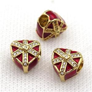 copper Christmas Heart Gift beads with red enamel, large hole, gold plated, approx 11mm, 4mm hole [FN26257]